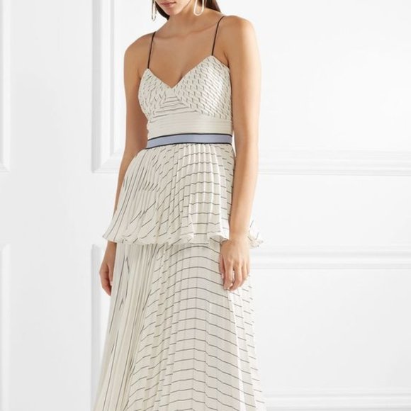 NWT In Box Self Portrait Pleated Stripe Flounce Maxi Strap Dress Blue Midband - Picture 10 of 11